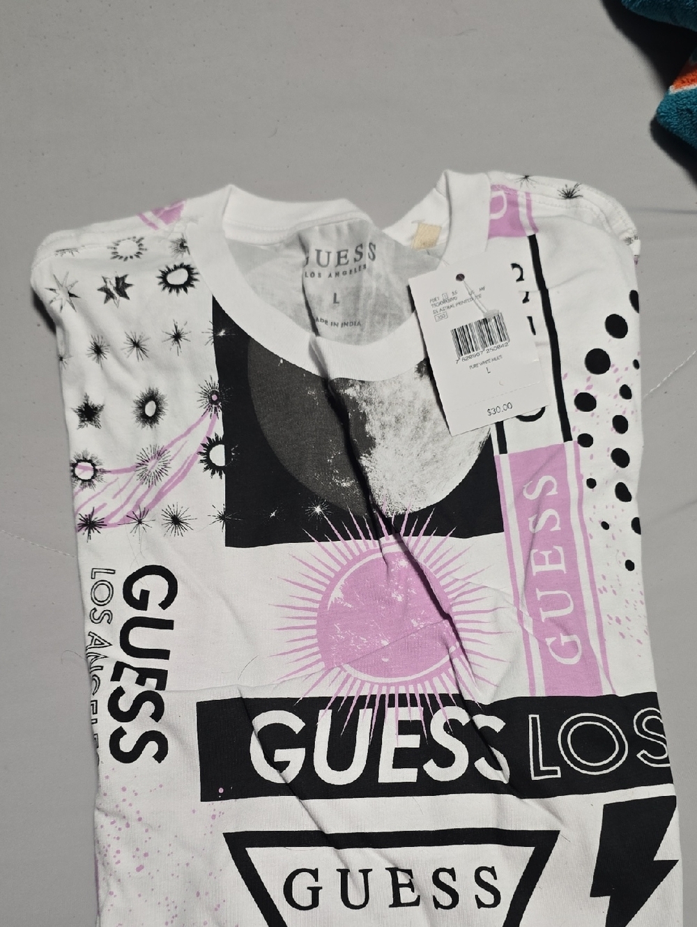 GUESS White Graphic Logo Tee with Pink Accents